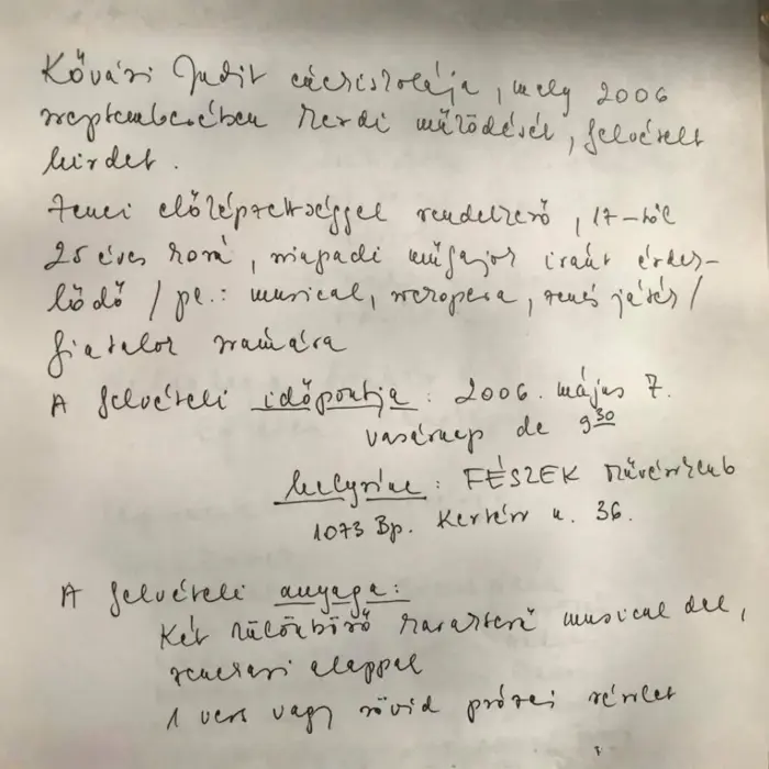 Kővári Judit kézzel írt vázlata a Kővirágok Énekiskola első felvételi felhívásáról, 2006-ból